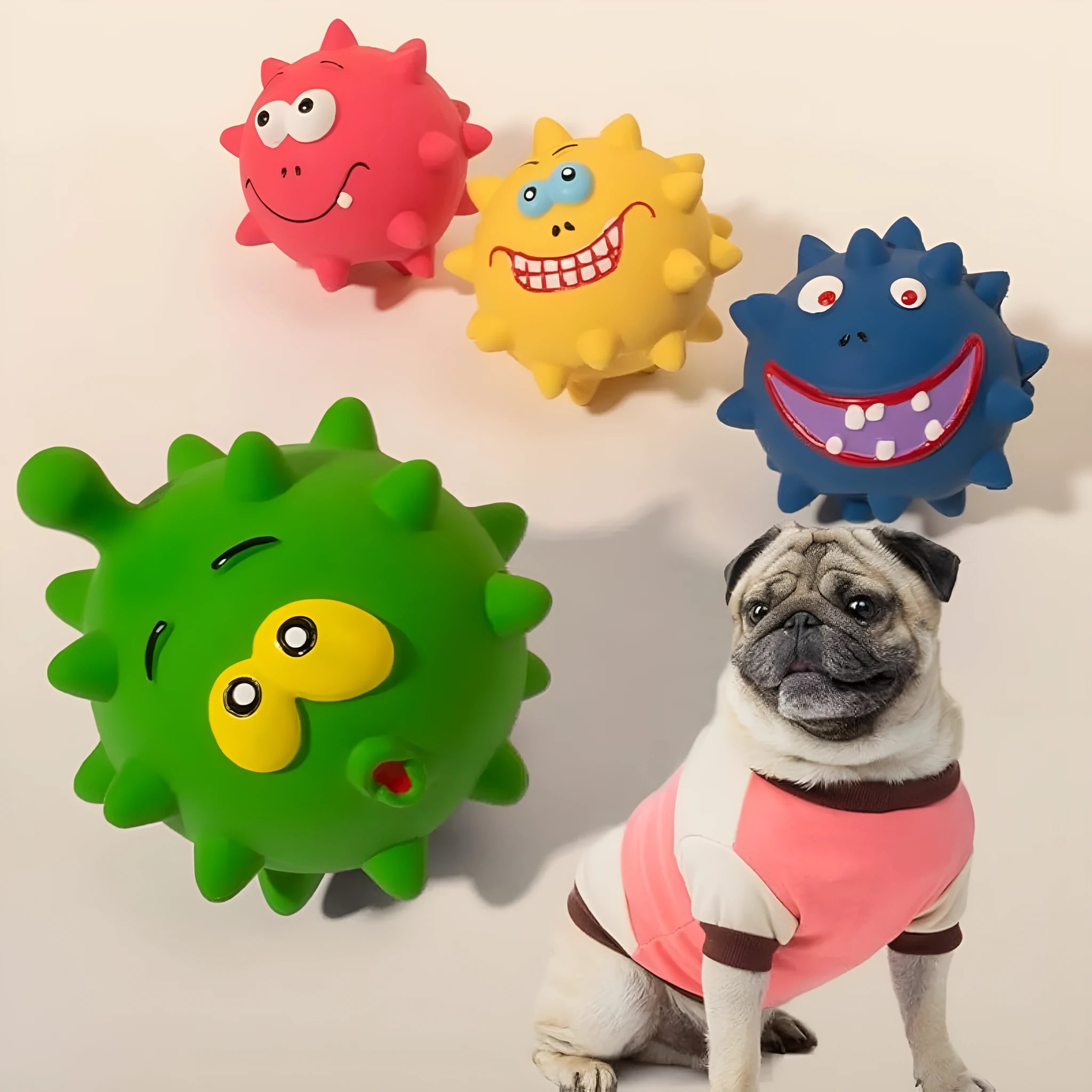 Set of four coloured squeaky dog balls with animal faces and bumpy texture