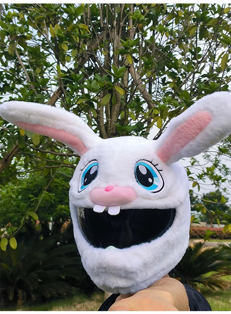 White long-eared rabbit head plush helmet cover for electric motorcycle helmets