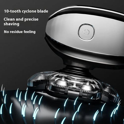 Black 6-in-1 rechargeable hair clipper and shaver set with multiple attachments on display
