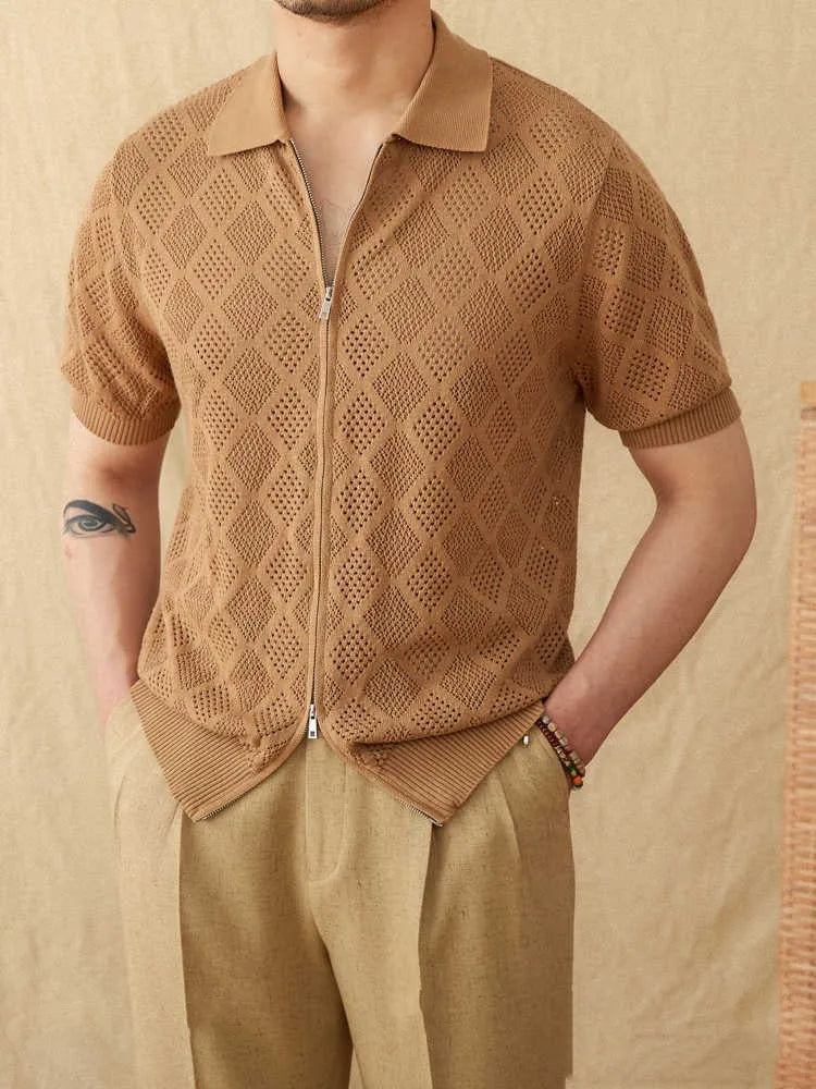 Men's light coffee cotton cardigan with zipper front and lapel collar shown on hanger