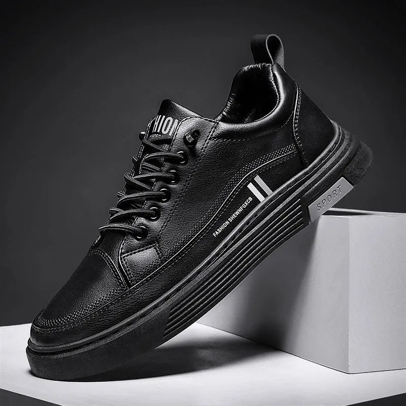 Men's white and black low-top skateboard shoes with elastic band closure
