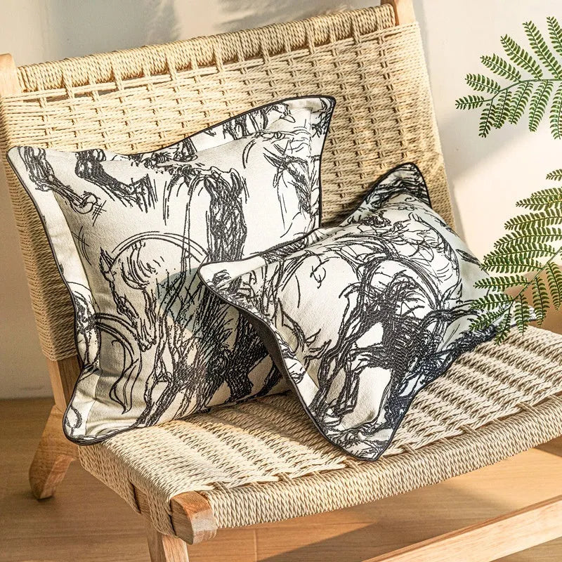 Modern abstract golden horse jacquard cushion in square and waist pillow sizes