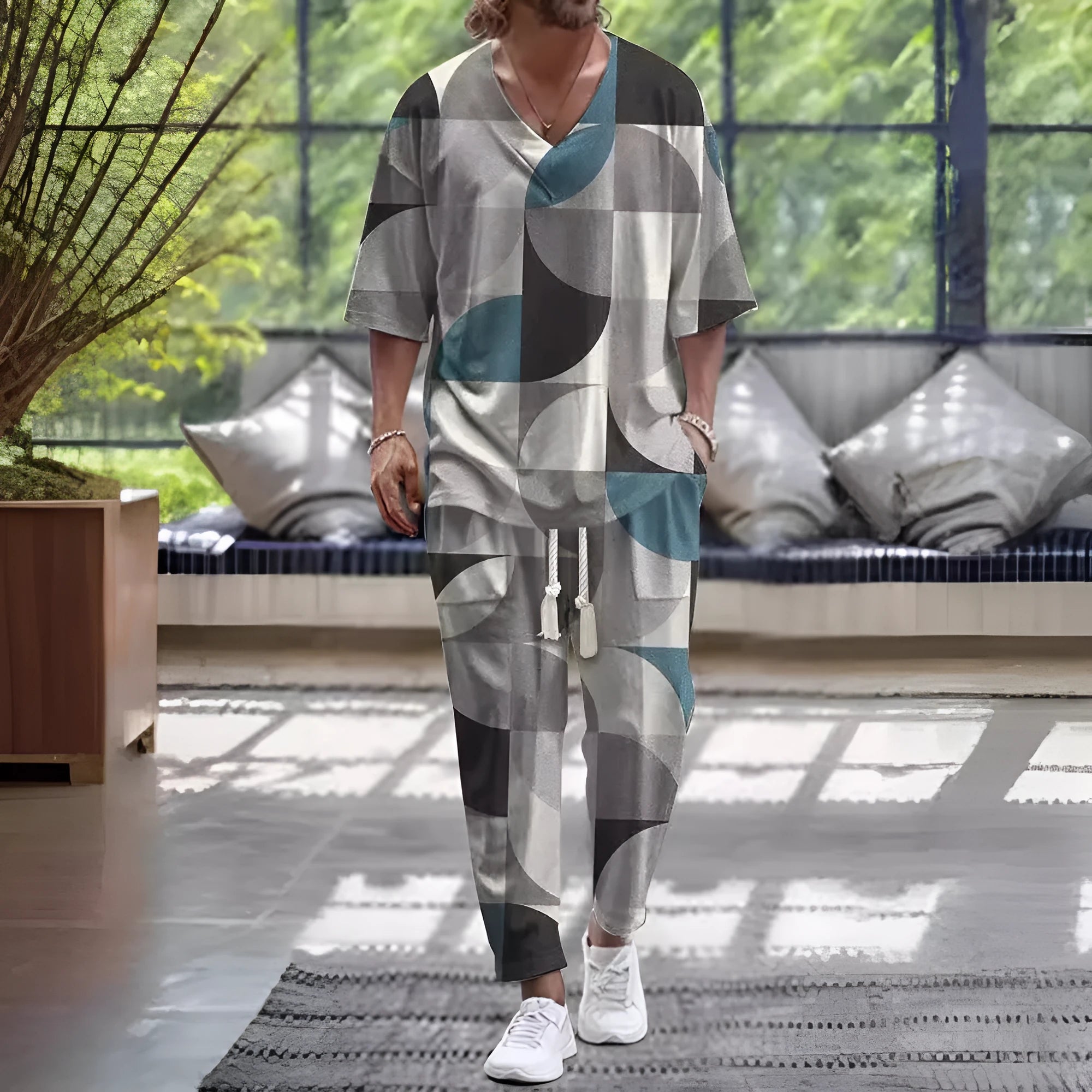 Cropped sleeve V-neck jacket and matching trousers suit set in thin polyester fabric