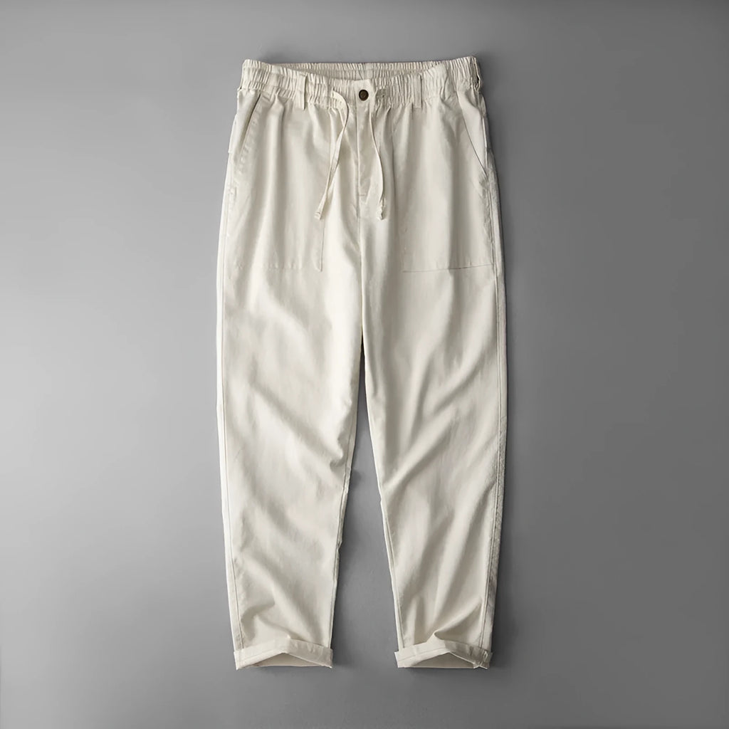 Men's linen casual trousers in solid colours showing mid waist design and trousers length