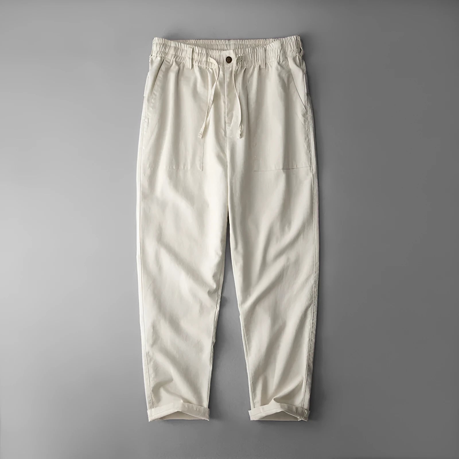 Men's linen casual trousers in solid colours showing mid waist design and trousers length