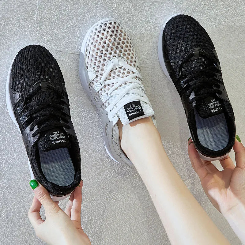 Breathable hollow-out mesh sneakers with low-top design and EVA sole in black and white colour options