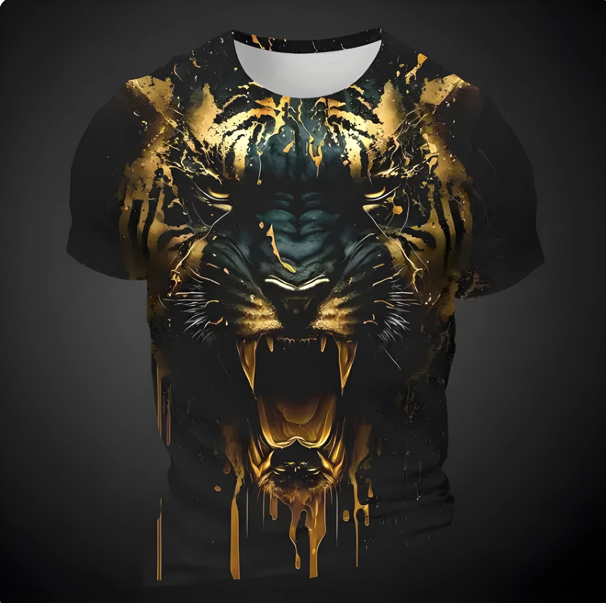 Men's short sleeve T-shirt with 3D tiger pattern in digital printing on polyester bird eye cloth