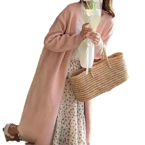 Women's V-neck knitted cardigan in khaki colour with mid-length loose fit
