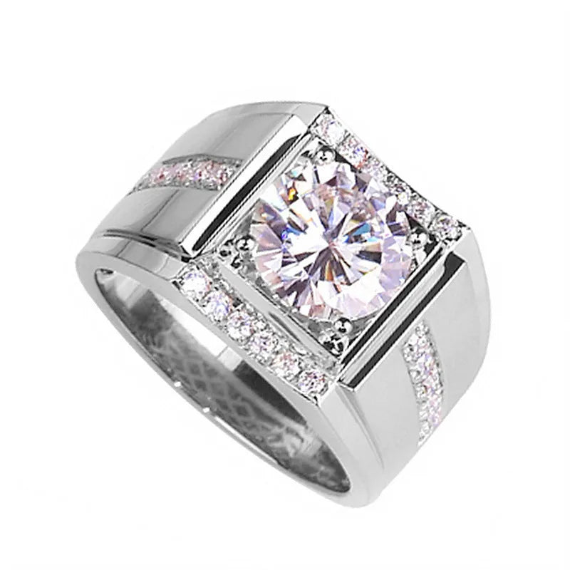 Men's adjustable ring with geometric diamond zircon design in electroplated metallic finish