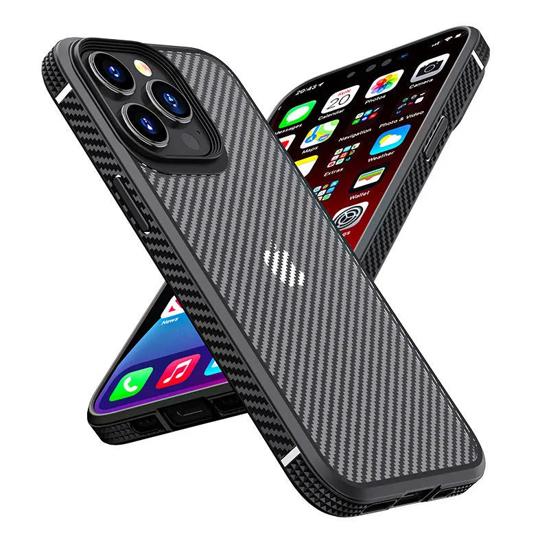 Black iPhone 13 protective case with carbon fibre pattern showing front and back views
