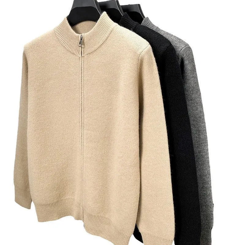 Men's loose fit grey stand collar cardigan with a full front zipper.