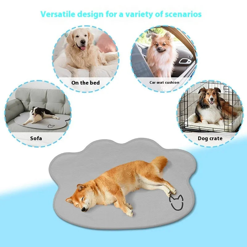 Ice silk dog cooling mat with simple dog head design in light grey, showing non-slip base and rectangular shape.