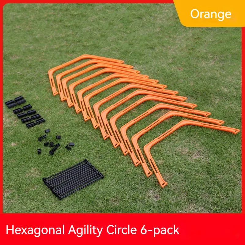 Six foldable hexagon football agility training rings in green, orange, and yellow colours