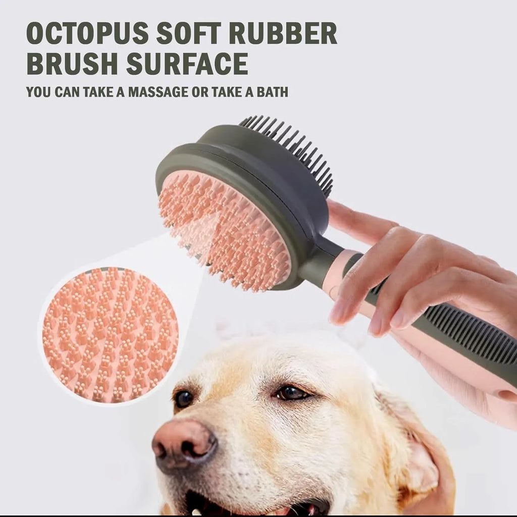 Pink and green double-sided cat grooming brush with a release button and a separate flea comb.