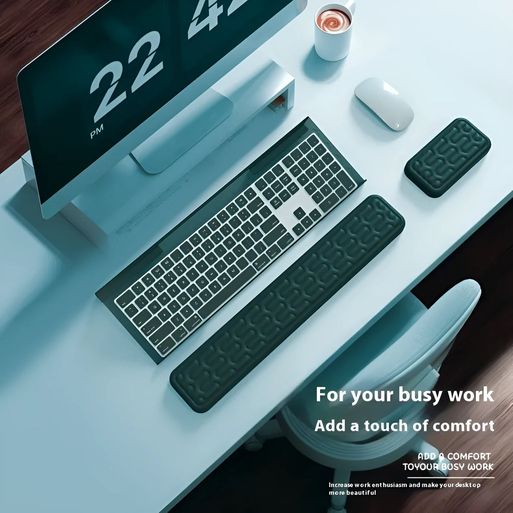 Double sided keyboard and mouse pad with thickened memory foam wrist rest in black resin with non-slip base