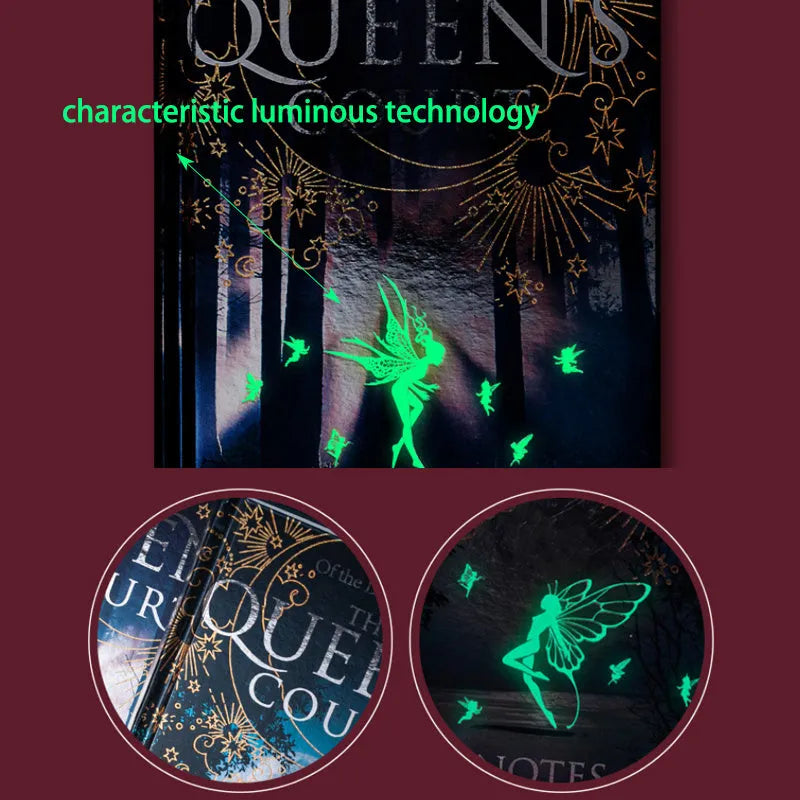A5 hardcover luminous notebook with night elves design showing blue and purple colour options