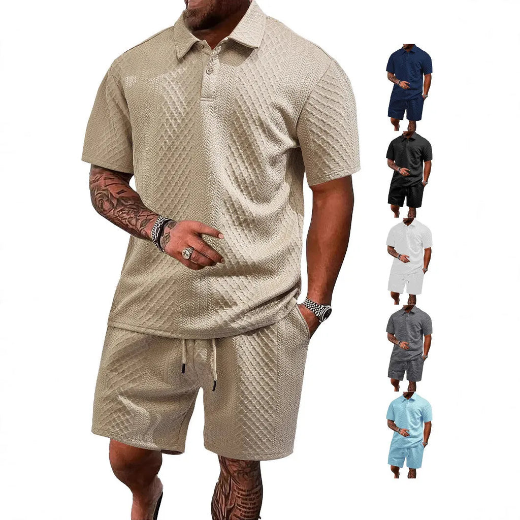 Men's casual two-piece short sleeve suit in figured cloth fabric showing polo shirt and trousers