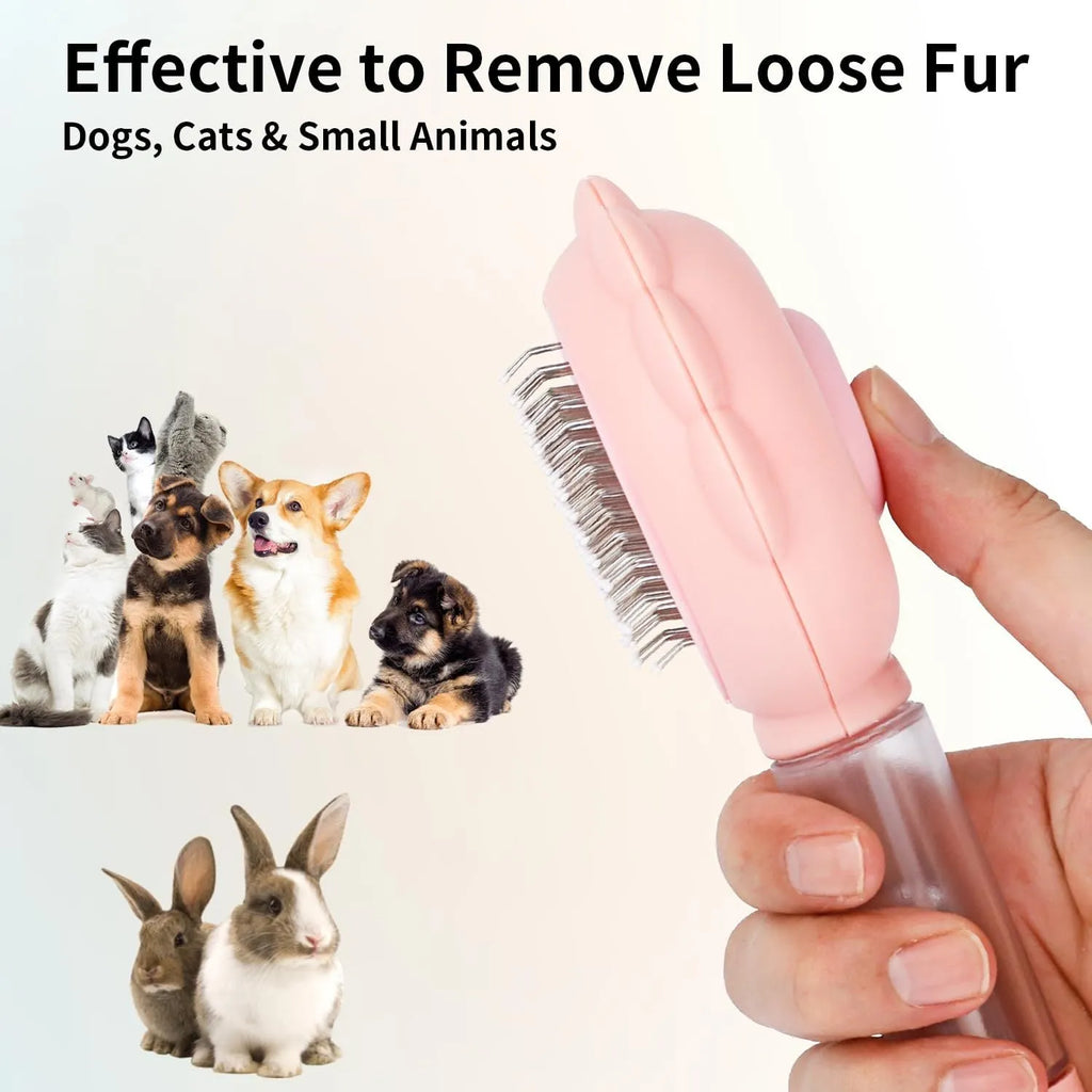 Grey spray cat brush with release button and stainless steel bristles for pet grooming
