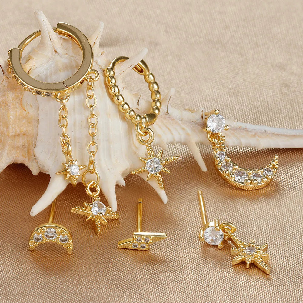 Gold chain tassel earrings with zircon stud details - six-piece set for women