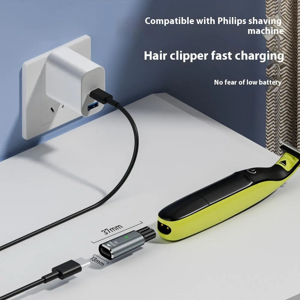 USB C to 4.3V aluminium alloy charging adapter for electric shaver on black or grey background