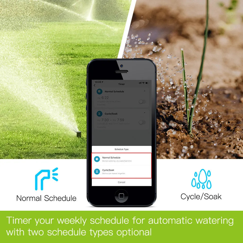 Bluetooth smart garden irrigation timer attached to an outdoor tap with a hose connector.