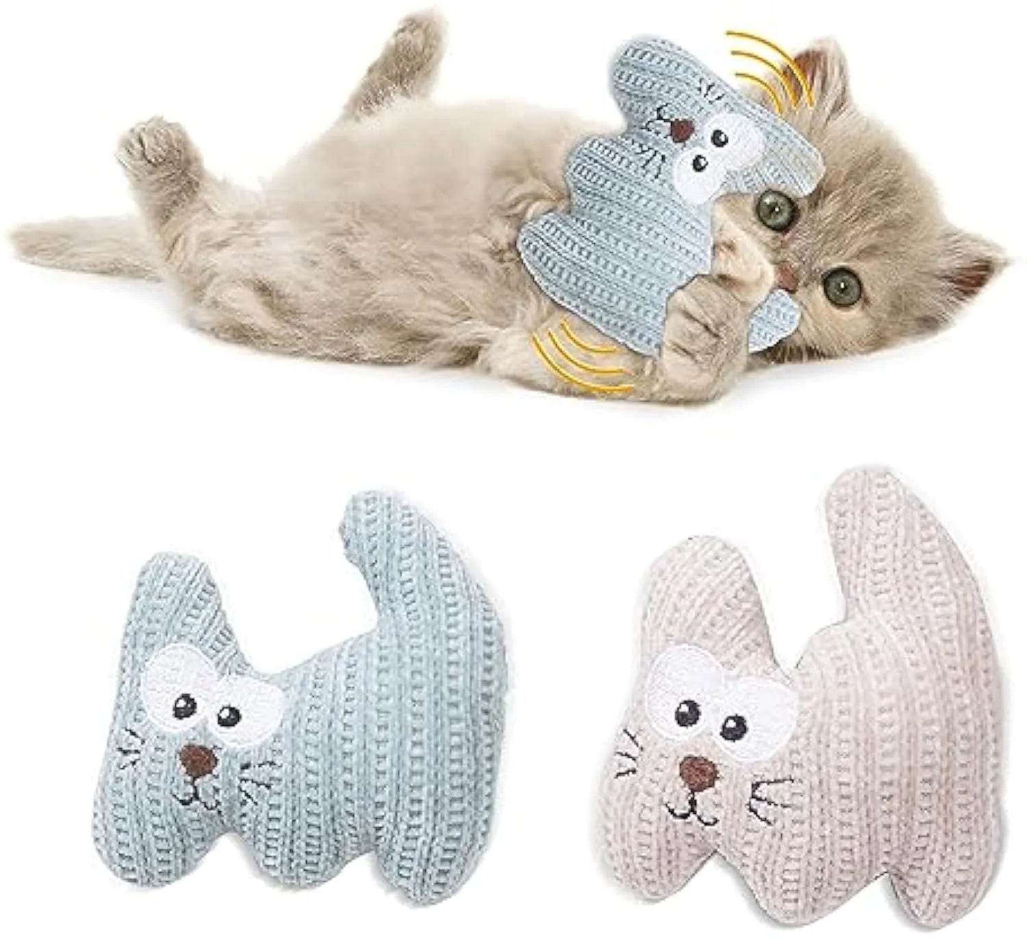 Cyan and light coffee plush catnip chew toy with bell for cats on a plain background