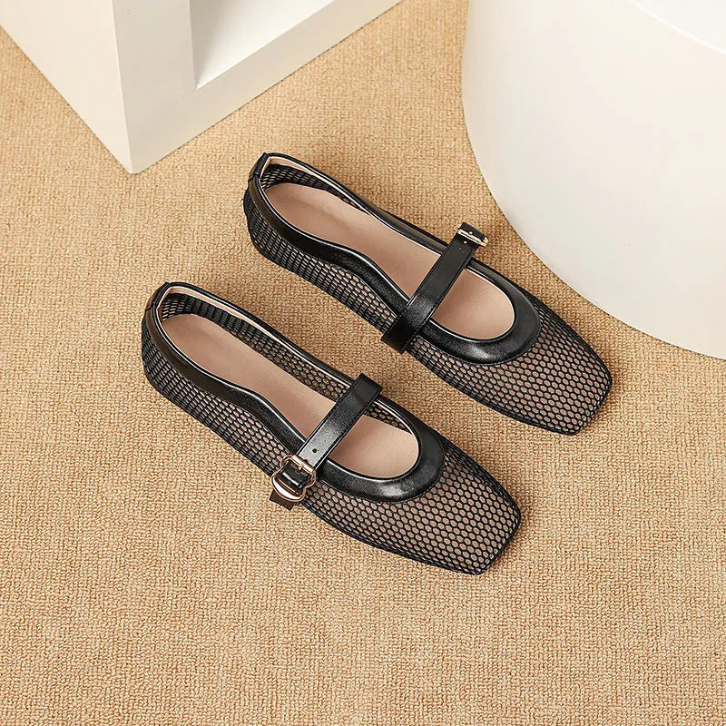 Women's beige mesh flat-heel pumps with square toe and buckle fastener on a white background.