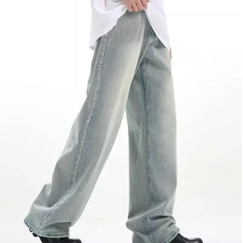 Blue loose-fit retro casual trousers made from rabbit fur fabric on a neutral background.
