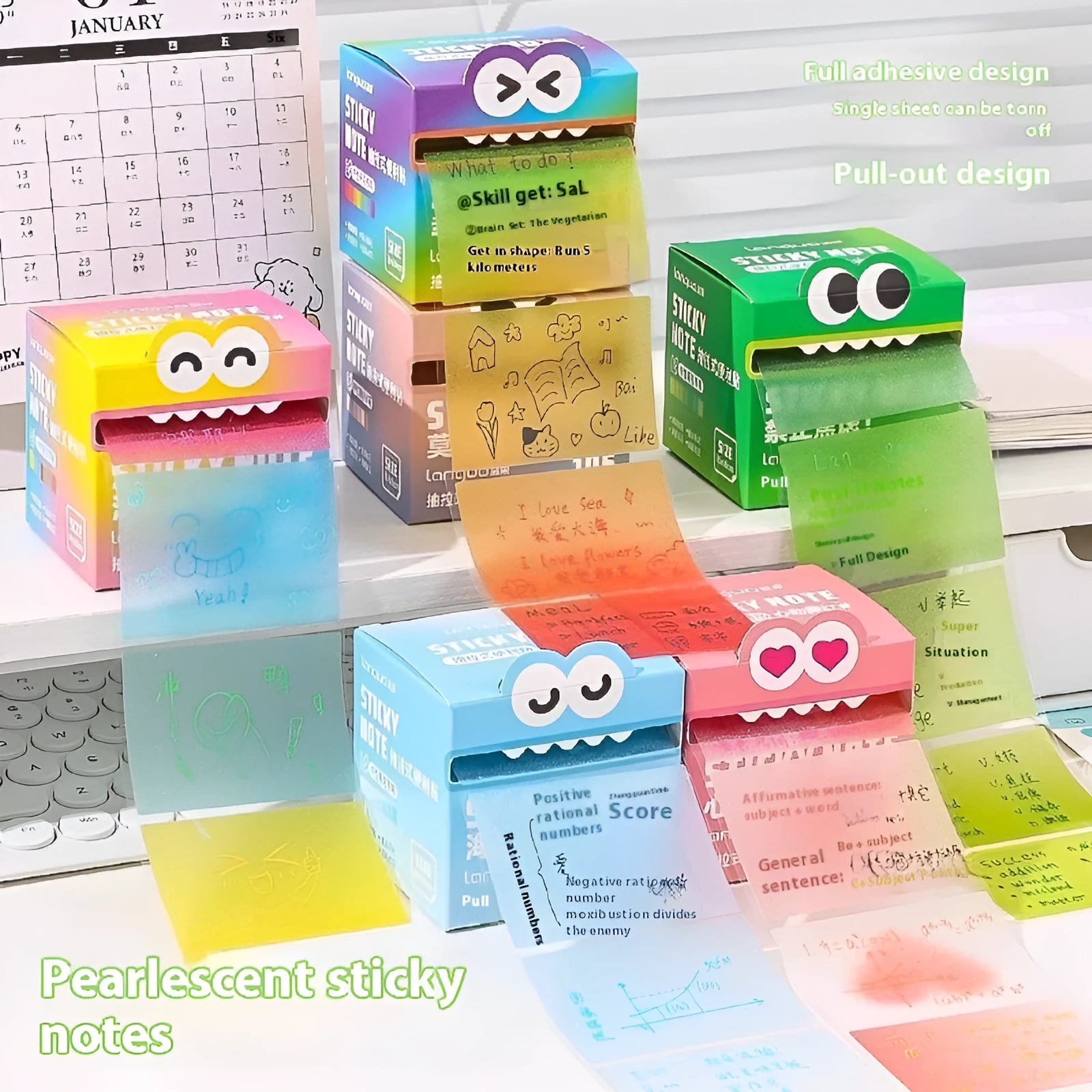 Boxed pearl gradient transparent pull-out sticky notes with 105 pages in various colours like Morandi and Sea Salt Smoothie for students.