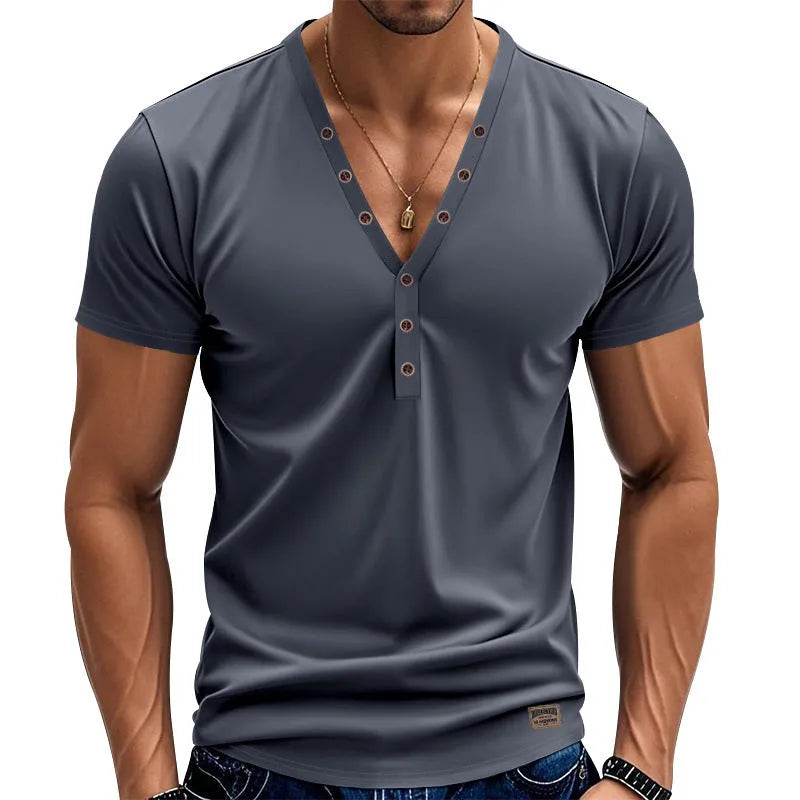 Men's loose thin v-neck pullover top with button detail in light blue colour