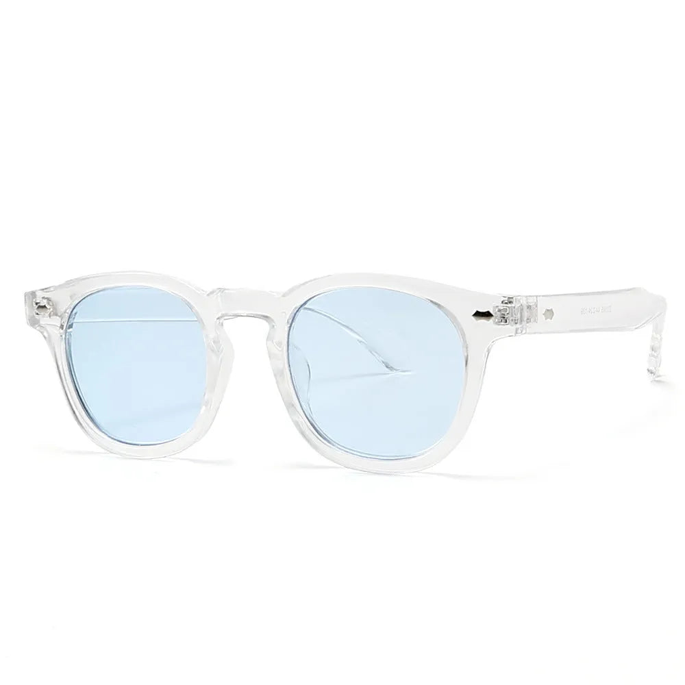 Round rim simple sunglasses in various colour options including bright black and transparent frames