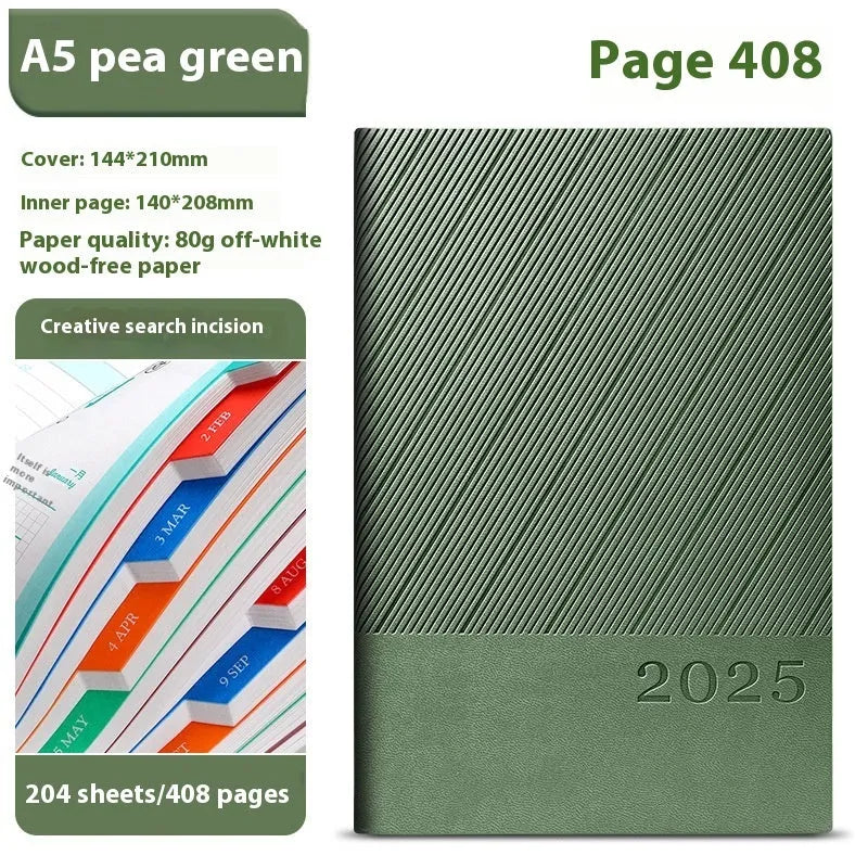 A5 striped PU leather business notepad open on a desk, showing thickened paper, available in eight colours.