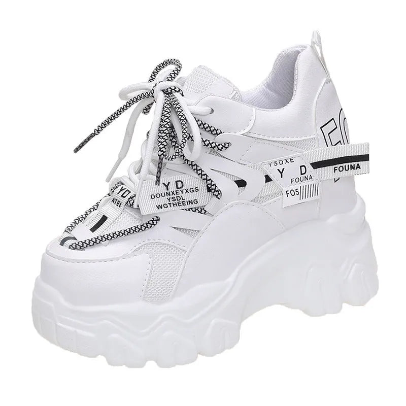 Women's black and white mesh platform sports shoes with cross strap and 6-8cm heel