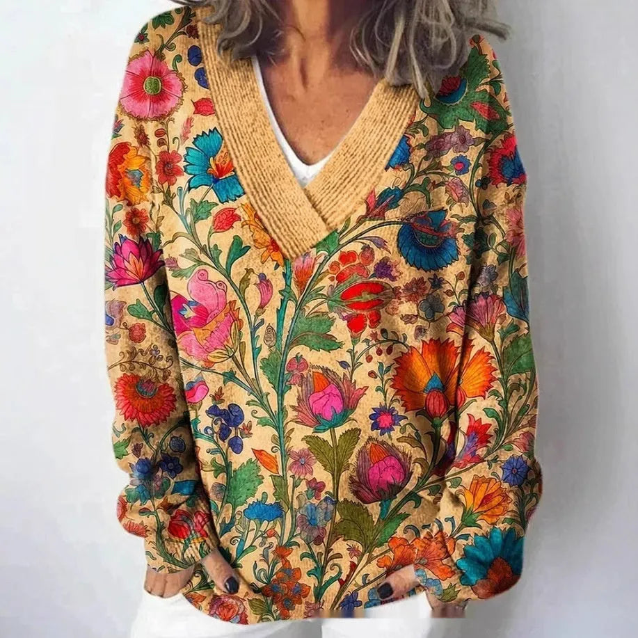 Women's V-neck floral print sweatshirt with 3D pattern and long sleeves