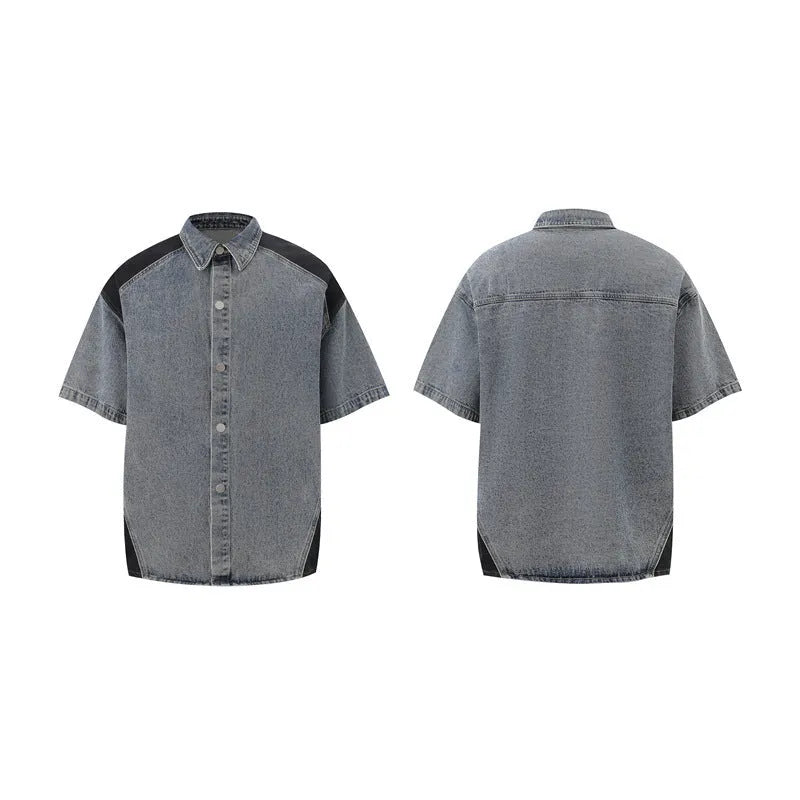 Retro denim suit with short-sleeved jacket and full-length trousers in black or blue street style