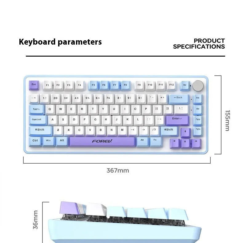 Customisable mechanical keyboard and wireless mouse set in selected colour on a desk