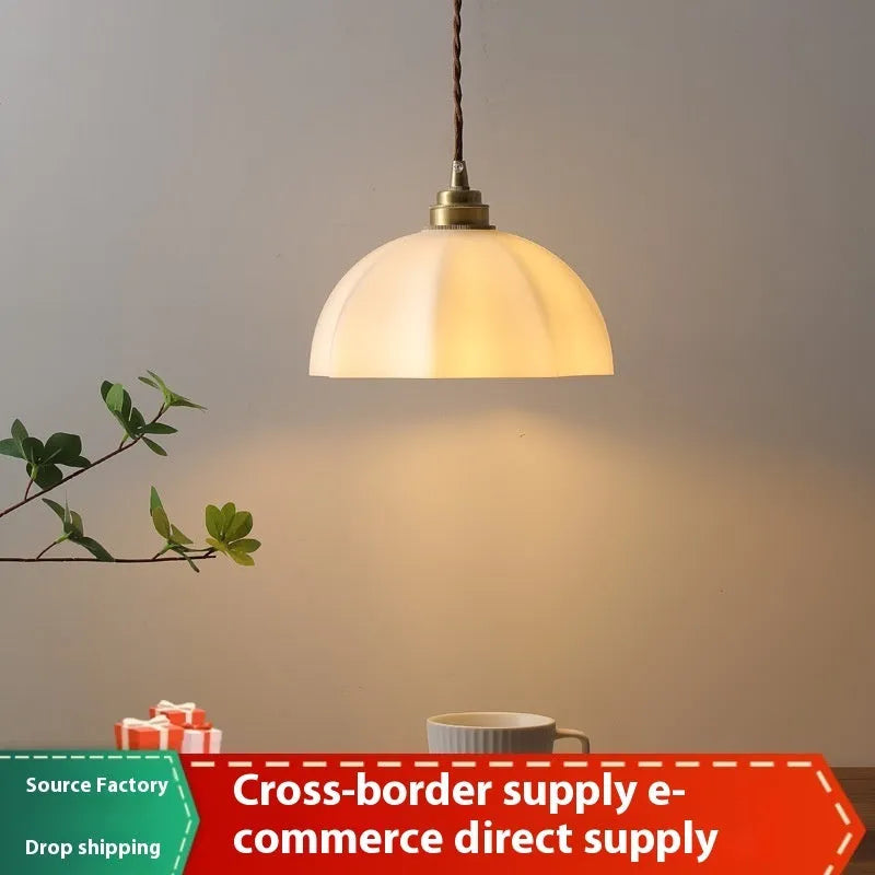 Small Chinese style droplight lamp with copper glass shade for bedside or dining room