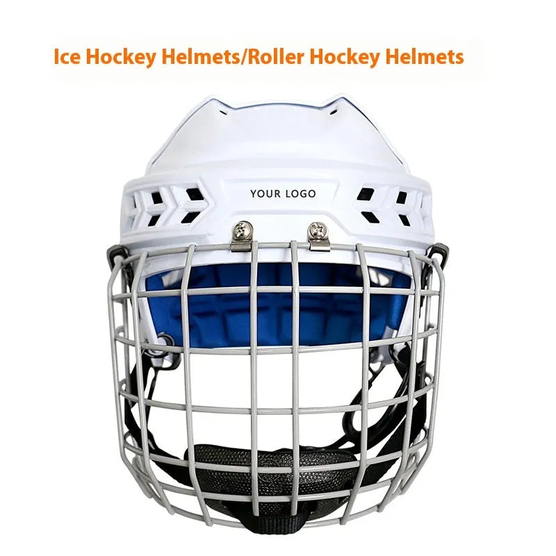 Ice hockey helmet with carbon steel face mask shown in available sizes S, M, L, and XL.