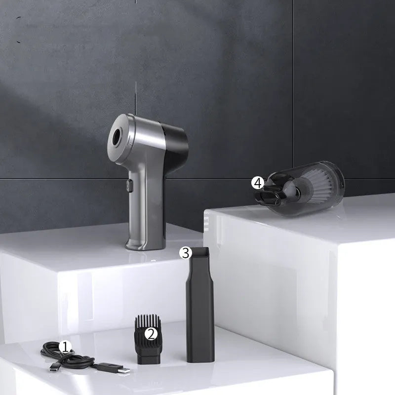 A handheld cordless vacuum cleaner with a car mount, shown on a car seat.