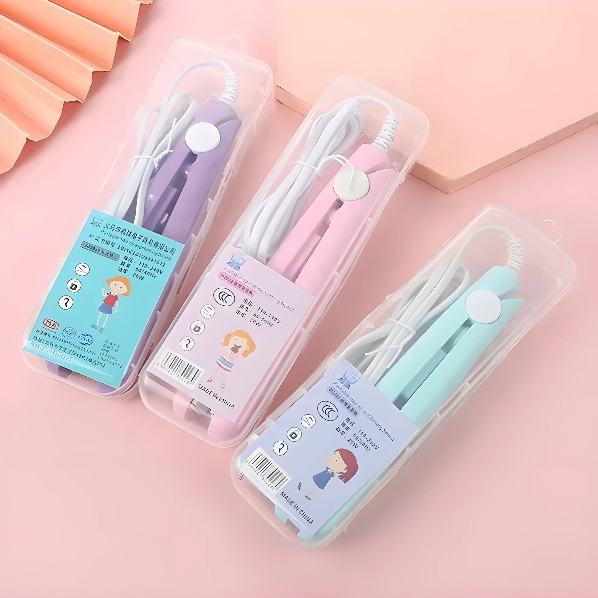 Mini hairdressing splint hair straightener with storage box in blue, pink, purple, white, or yellow colour.