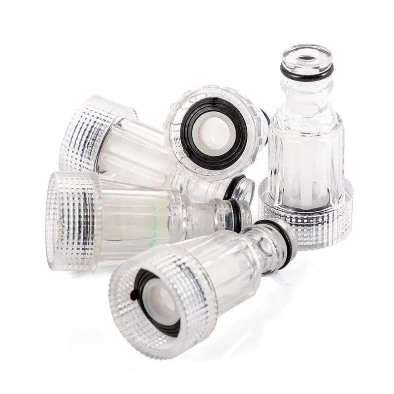 Transparent plastic water inlet joint with filter screen for Karcher K2 to K7 series pressure washers.