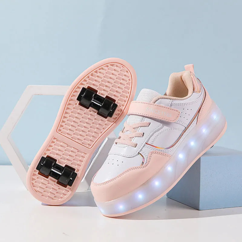 Kids charging flash rollerskates with LED lights in pink black white purple sizes 29-40