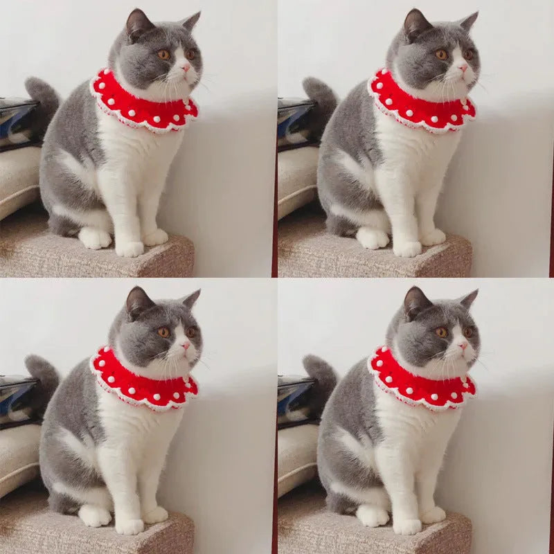 Hand-knitted milk cotton pet collar with a cartoon animal pattern, shown in a customisable colour.