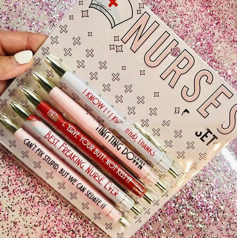 Set of five nurse theme retractable ballpoint pens with medical designs