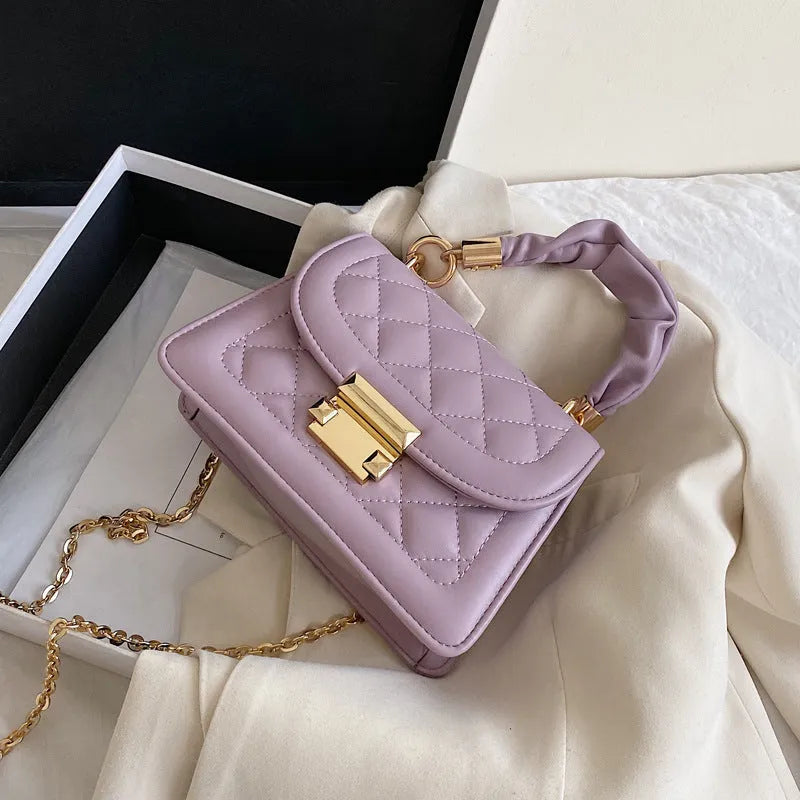 Purple rhombus pattern PU ladies square shoulder bag with Korean style design