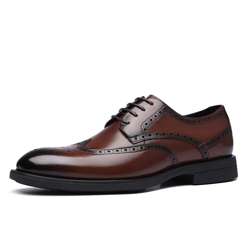 Men's black and brown business brogue leather shoes with traditional wingtip design