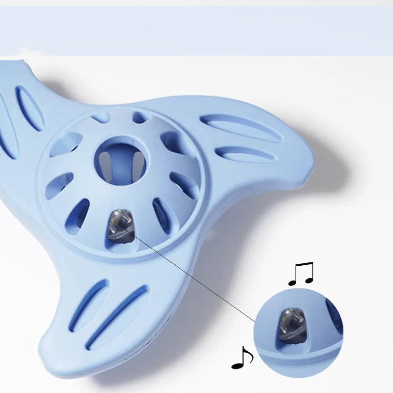 Blue boomerang-shaped rubber dog toy for medium and large breeds on a white background