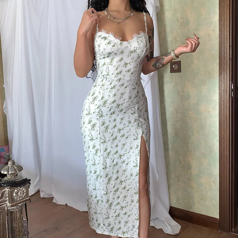 Women's long lace floral print dress with side slit and adjustable suspender straps in blue, green, or red