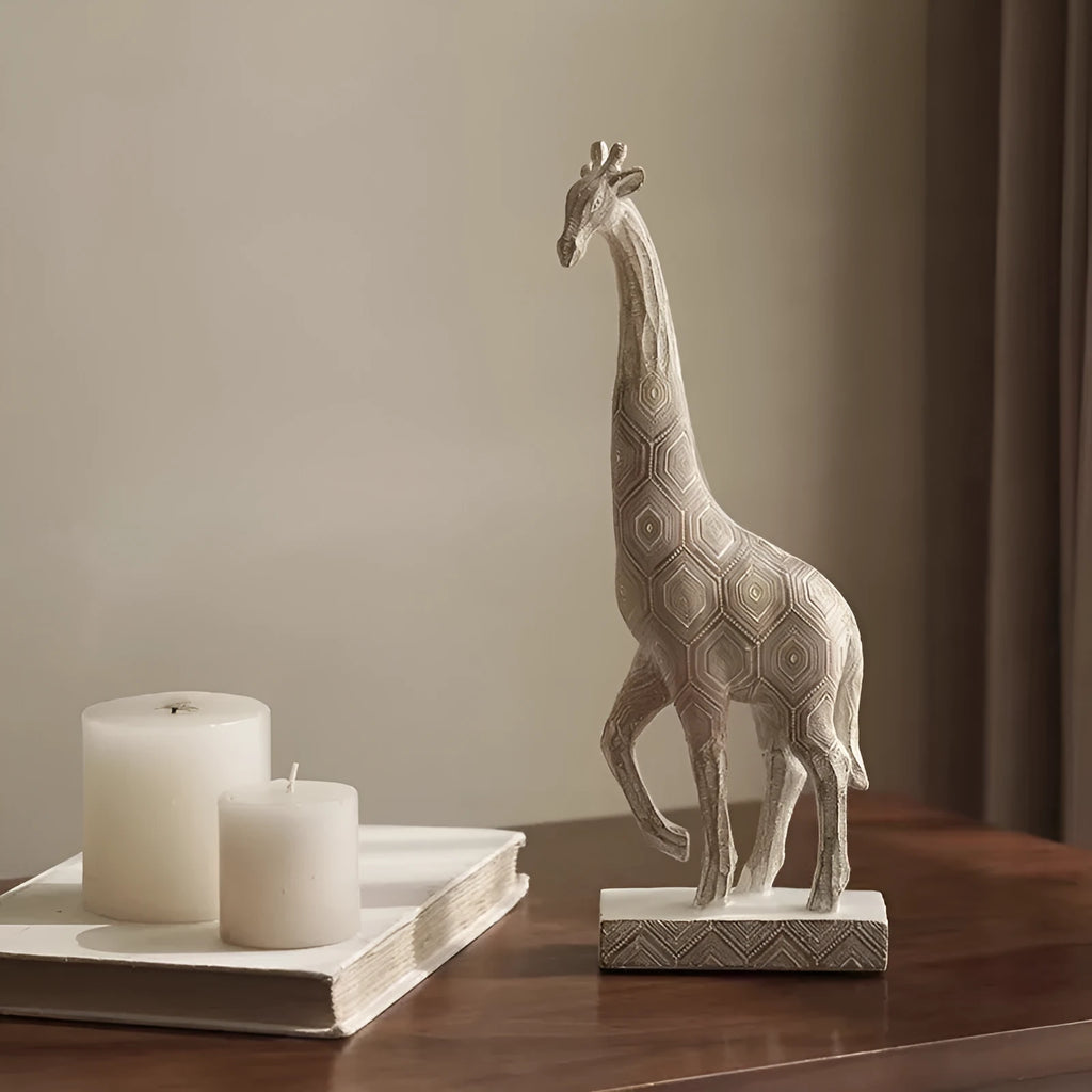 Wood colour synthetic resin giraffe ornament, 30.5cm tall, European-style decorative sculpture
