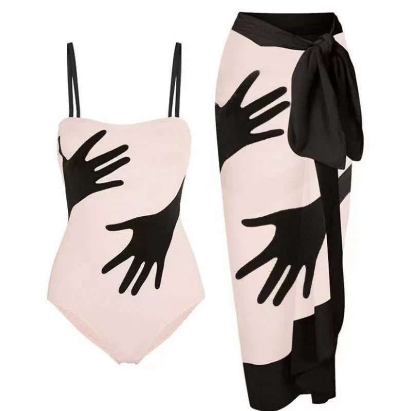 Women's one-piece bikini swimsuit with a gauze skirt in sizes S to XL.
